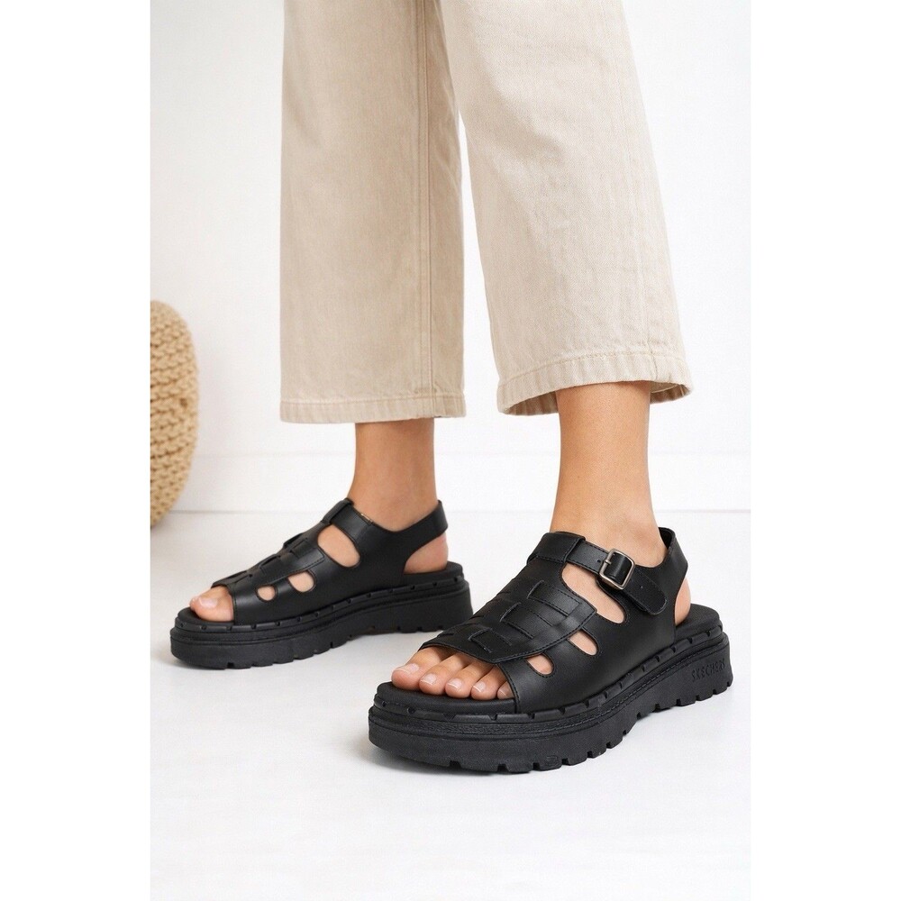 Skechers Jammers Fisherman Chunky Leather Platform Sandals Black Y2K Sz 10 NWOT